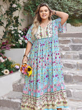 Plus Size Printed Tie Neck Flutter Sleeve Maxi Dress OutfitFlow